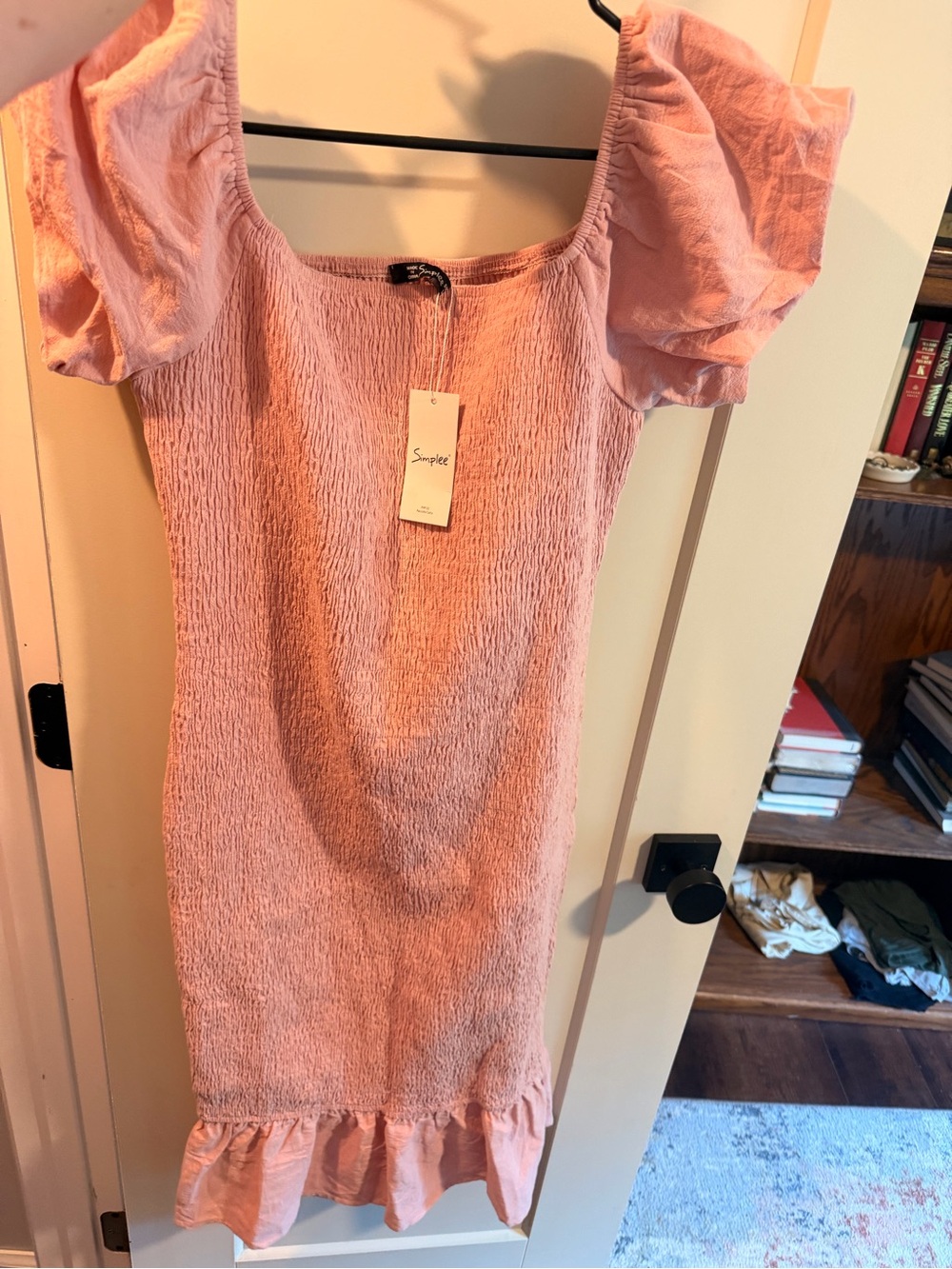 Simple Pink Smocked Midi Dress with Puff Sleeves